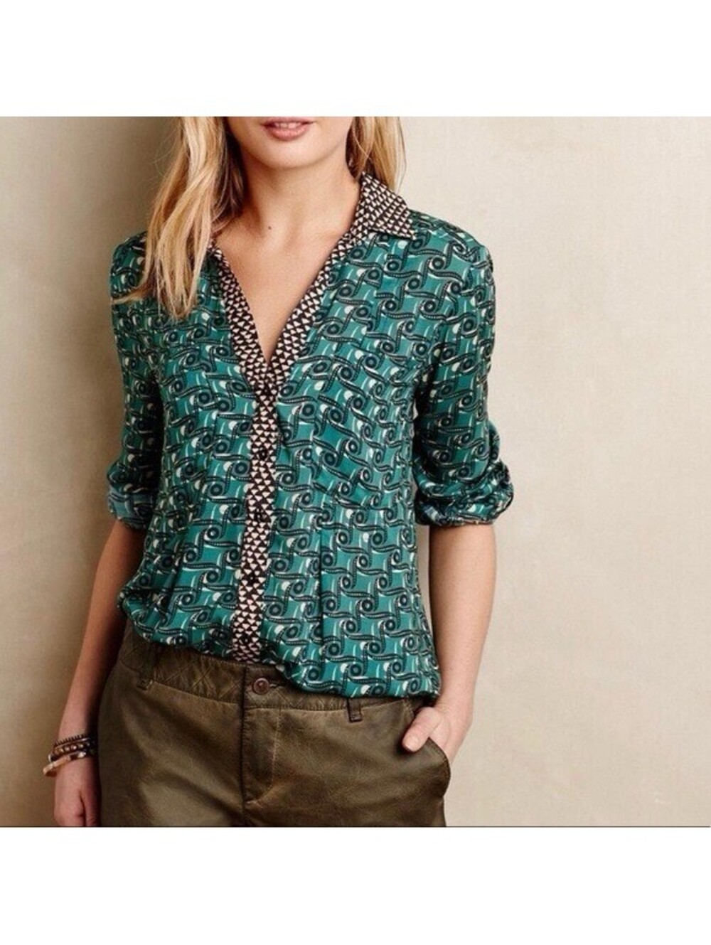 MAEVE by Anthropologie Womens Casia Henley Button Front Blouse In Green Motif-2